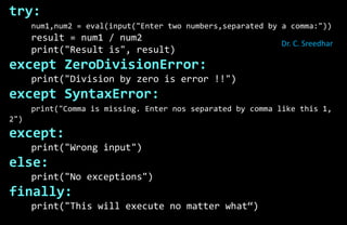 try:
num1,num2 = eval(input("Enter two numbers,separated by a comma:"))
result = num1 / num2
print("Result is", result)
except ZeroDivisionError:
print("Division by zero is error !!")
except SyntaxError:
print("Comma is missing. Enter nos separated by comma like this 1,
2")
except:
print("Wrong input")
else:
print("No exceptions")
finally:
print("This will execute no matter what“)
Dr. C. Sreedhar
 