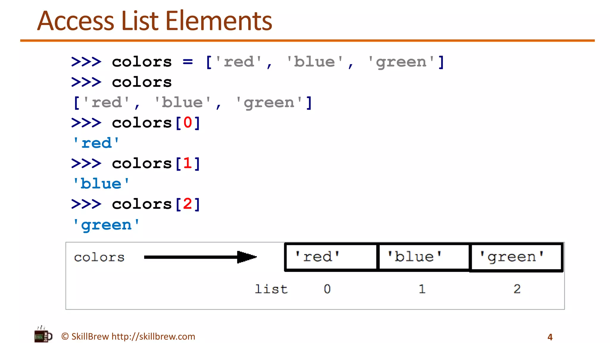 © SkillBrew http://skillbrew.com
Access List Elements
list[index]
4
>>> colors = ['red', 'blue', 'green']
>>> colors
['red', 'blue', 'green']
>>> colors[0]
'red'
>>> colors[1]
'blue'
>>> colors[2]
'green'
 