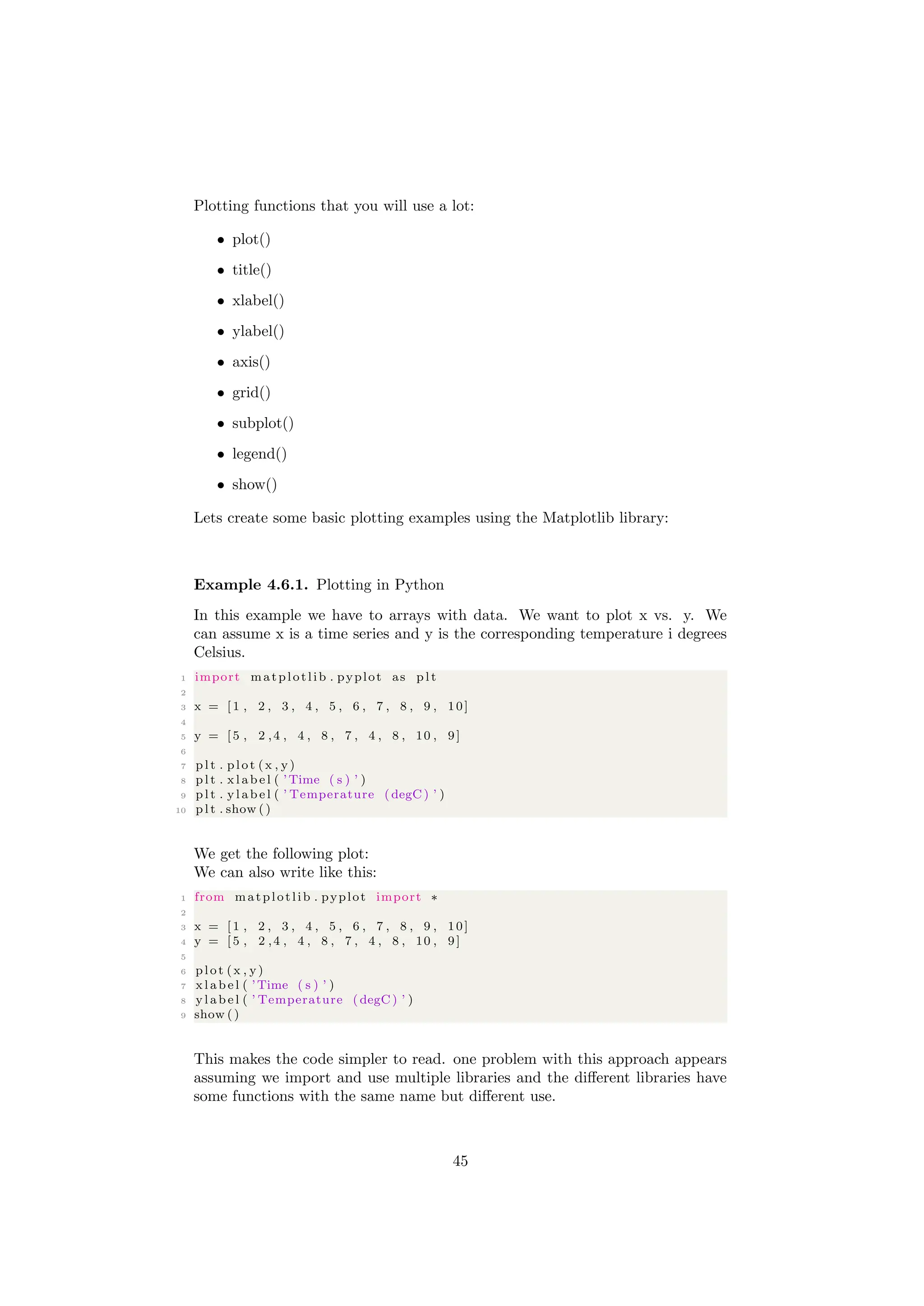 Plotting functions that you will use a lot:
• plot()
• title()
• xlabel()
• ylabel()
• axis()
• grid()
• subplot()
• legend()
• show()
Lets create some basic plotting examples using the Matplotlib library:
Example 4.6.1. Plotting in Python
In this example we have to arrays with data. We want to plot x vs. y. We
can assume x is a time series and y is the corresponding temperature i degrees
Celsius.
1 import matplotlib . pyplot as p l t
2
3 x = [ 1 , 2 , 3 , 4 , 5 , 6 , 7 , 8 , 9 , 10]
4
5 y = [ 5 , 2 ,4 , 4 , 8 , 7 , 4 , 8 , 10 , 9]
6
7 p l t . plot (x , y)
8 p l t . x l a b e l ( ’Time ( s ) ’ )
9 p l t . y l a b e l ( ’ Temperature (degC) ’ )
10 p l t . show ()
We get the following plot:
We can also write like this:
1 from matplotlib . pyplot import ∗
2
3 x = [ 1 , 2 , 3 , 4 , 5 , 6 , 7 , 8 , 9 , 10]
4 y = [ 5 , 2 ,4 , 4 , 8 , 7 , 4 , 8 , 10 , 9]
5
6 plot (x , y)
7 x l a b e l ( ’Time ( s ) ’ )
8 y l a b e l ( ’ Temperature (degC) ’ )
9 show ()
This makes the code simpler to read. one problem with this approach appears
assuming we import and use multiple libraries and the different libraries have
some functions with the same name but different use.
45
 