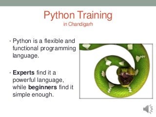 Python Training 
in Chandigarh 
• Python is a flexible and 
functional programming 
language. 
• Experts find it a 
powerful language, 
while beginners find it 
simple enough. 
 