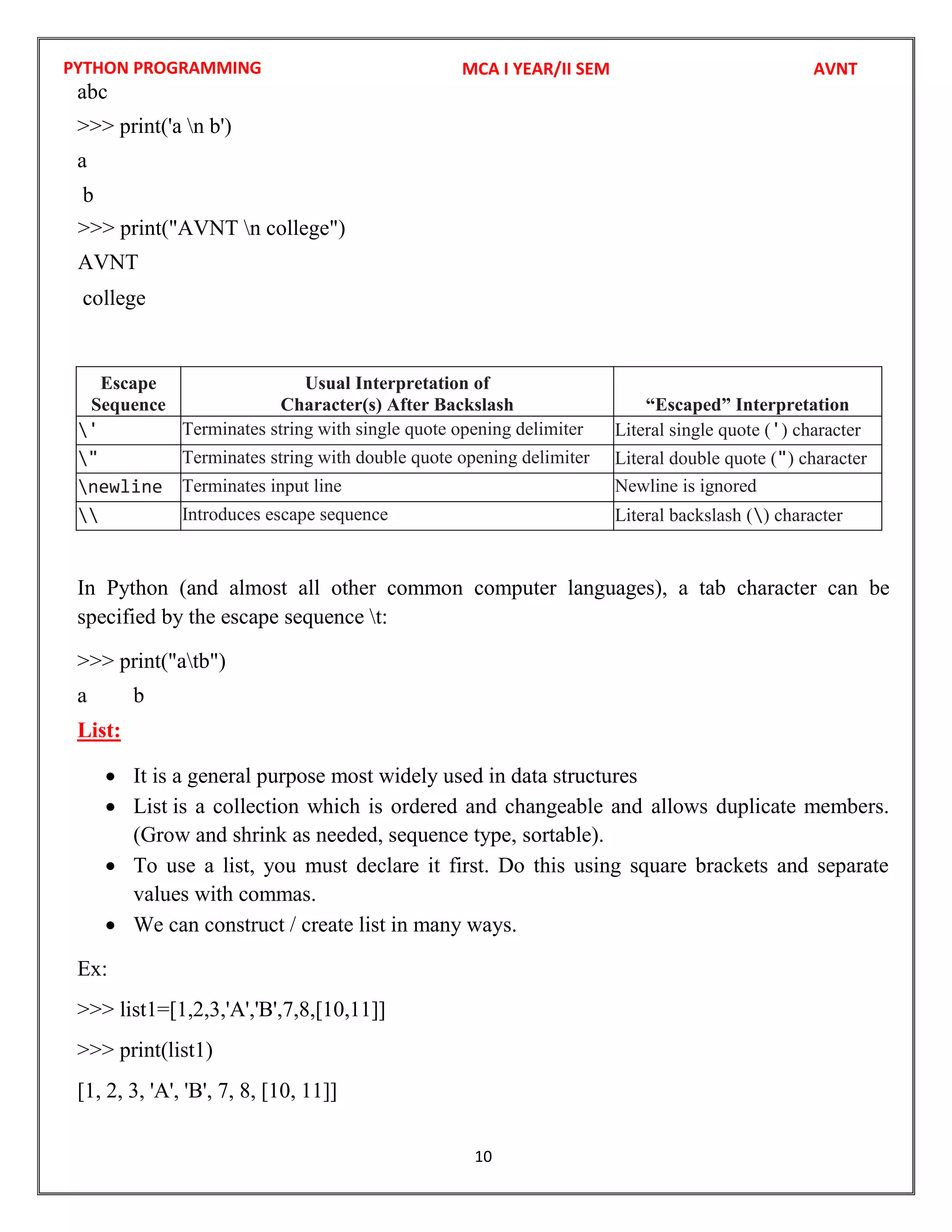 PYTHON PROGRAMMING
10
abc
>>> print('a n b')
a
b
college
Escape
Sequence
Usual Interpretation of
Character(s) After Backslash “Escaped” Interpretation
' Terminates string with single quote opening delimiter Literal single quote (') character
" Terminates string with double quote opening delimiter Literal double quote (") character
newline Terminates input line Newline is ignored
 Introduces escape sequence Literal backslash () character
In Python (and almost all other common computer languages), a tab character can be
specified by the escape sequence t:
>>> print("atb")
a b
List:
 It is a general purpose most widely used in data structures
 List is a collection which is ordered and changeable and allows duplicate members.
(Grow and shrink as needed, sequence type, sortable).
 To use a list, you must declare it first. Do this using square brackets and separate
values with commas.
 We can construct / create list in many ways.
Ex:
>>> list1=[1,2,3,'A','B',7,8,[10,11]]
>>> print(list1)
[1, 2, 3, 'A', 'B', 7, 8, [10, 11]]
MCA I YEAR/II SEM AVNT
>>> print("AVNT n college")
AVNT
 