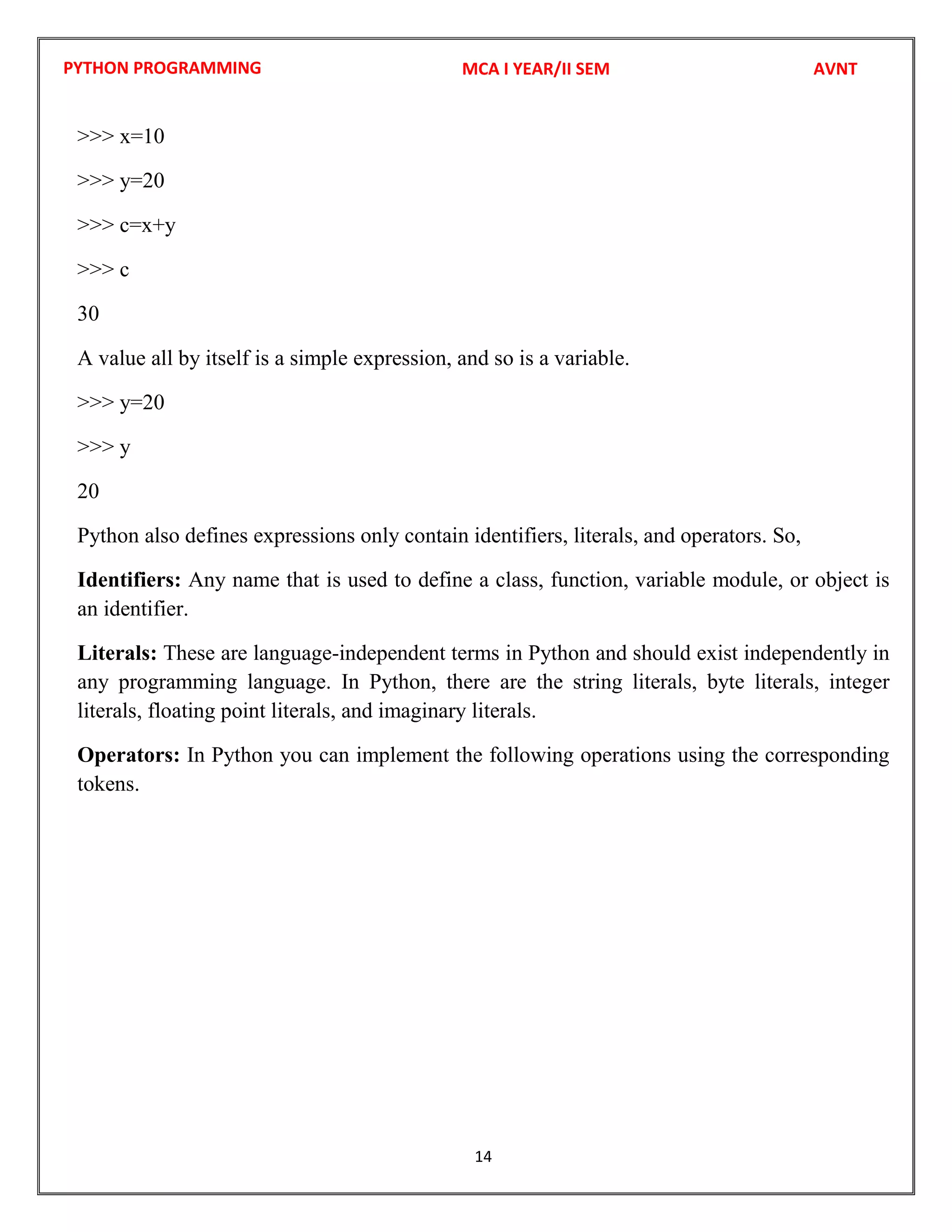 PYTHON PROGRAMMING
14
>>> x=10
>>> y=20
>>> c=x+y
>>> c
30
A value all by itself is a simple expression, and so is a variable.
>>> y=20
>>> y
20
Python also defines expressions only contain identifiers, literals, and operators. So,
Identifiers: Any name that is used to define a class, function, variable module, or object is
an identifier.
Literals: These are language-independent terms in Python and should exist independently in
any programming language. In Python, there are the string literals, byte literals, integer
literals, floating point literals, and imaginary literals.
Operators: In Python you can implement the following operations using the corresponding
tokens.
MCA I YEAR/II SEM AVNT
 