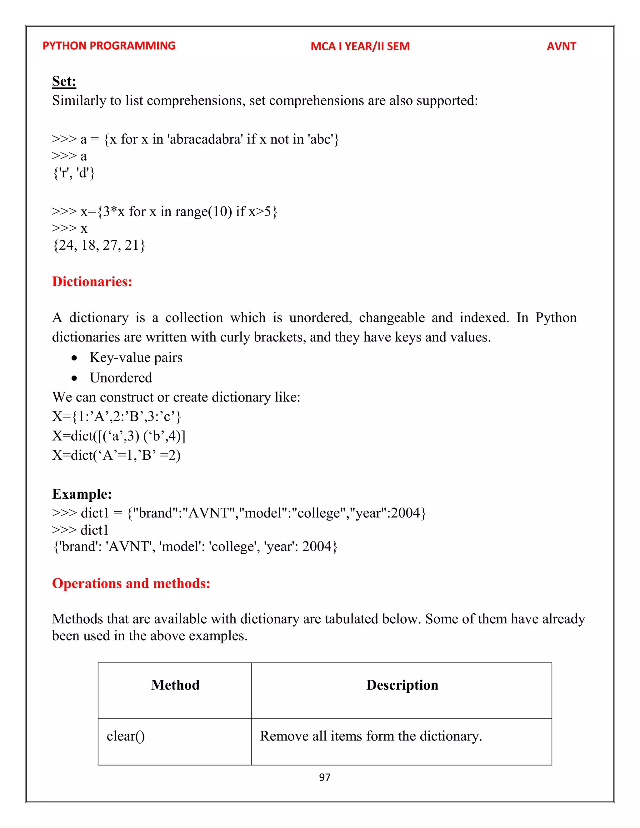 PYTHON PROGRAMMING
97
Set:
Similarly to list comprehensions, set comprehensions are also supported:
>>> a = {x for x in 'abracadabra' if x not in 'abc'}
>>> a
{'r', 'd'}
>>> x={3*x for x in range(10) if x>5}
>>> x
{24, 18, 27, 21}
Dictionaries:
A dictionary is a collection which is unordered, changeable and indexed. In Python
dictionaries are written with curly brackets, and they have keys and values.
 Key-value pairs
 Unordered
We can construct or create dictionary like:
X={1:’A’,2:’B’,3:’c’}
X=dict([(‘a’,3) (‘b’,4)]
X=dict(‘A’=1,’B’ =2)
Example:
>>> dict1
Operations and methods:
Methods that are available with dictionary are tabulated below. Some of them have already
been used in the above examples.
Method Description
clear() Remove all items form the dictionary.
MCA I YEAR/II SEM AVNT
>>> dict1 = {"brand":"AVNT","model":"college","year":2004}
{'brand': 'AVNT', 'model': 'college', 'year': 2004}
 