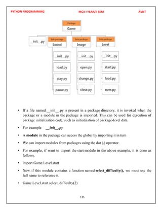PYTHON PROGRAMMING
135
• If a file named __init__.py is present in a package directory, it is invoked when the
package or a module in the package is imported. This can be used for execution of
package initialization code, such as initialization of package-level data.
• For example __init__.py
• A module in the package can access the global by importing it in turn
• We can import modules from packages using the dot (.) operator.
• For example, if want to import the start module in the above example, it is done as
follows.
• import Game.Level.start
• Now if this module contains a function named select_difficulty(), we must use the
full name to reference it.
• Game.Level.start.select_difficulty(2)
MCA I YEAR/II SEM AVNT
 
