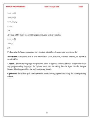 PYTHON PROGRAMMING
14
>>> x=10
>>> y=20
>>> c=x+y
>>> c
30
A value all by itself is a simple expression, and so is a variable.
>>> y=20
>>> y
20
Python also defines expressions only contain identifiers, literals, and operators. So,
Identifiers: Any name that is used to define a class, function, variable module, or object is
an identifier.
Literals: These are language-independent terms in Python and should exist independently in
any programming language. In Python, there are the string literals, byte literals, integer
literals, floating point literals, and imaginary literals.
Operators: In Python you can implement the following operations using the corresponding
tokens.
MCA I YEAR/II SEM AVNT
 
