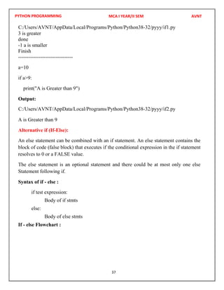 PYTHON PROGRAMMING
37
3 is greater
done
-1 a is smaller
Finish
--------------------------------
a=10
if a>9:
print("A is Greater than 9")
Output:
A is Greater than 9
Alternative if (If-Else):
An else statement can be combined with an if statement. An else statement contains the
block of code (false block) that executes if the conditional expression in the if statement
resolves to 0 or a FALSE value.
The else statement is an optional statement and there could be at most only one else
Statement following if.
Syntax of if - else :
if test expression:
Body of if stmts
else:
Body of else stmts
If - else Flowchart :
MCA I YEAR/II SEM AVNT
C:/Users/AVNT/AppData/Local/Programs/Python/Python38-32/pyyy/if1.py
C:/Users/AVNT/AppData/Local/Programs/Python/Python38-32/pyyy/if2.py
 