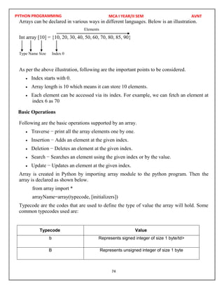 PYTHON PROGRAMMING
74
Arrays can be declared in various ways in different languages. Below is an illustration.
Elements
Int array [10] = {10, 20, 30, 40, 50, 60, 70, 80, 85, 90}
Type Name Size Index 0
As per the above illustration, following are the important points to be considered.
 Index starts with 0.
 Array length is 10 which means it can store 10 elements.
 Each element can be accessed via its index. For example, we can fetch an element at
index 6 as 70
Basic Operations
Following are the basic operations supported by an array.
 Traverse − print all the array elements one by one.
 Insertion − Adds an element at the given index.
 Deletion − Deletes an element at the given index.
 Search − Searches an element using the given index or by the value.
 Update − Updates an element at the given index.
Array is created in Python by importing array module to the python program. Then the
array is declared as shown below.
from array import *
arrayName=array(typecode, [initializers])
Typecode are the codes that are used to define the type of value the array will hold. Some
common typecodes used are:
Typecode Value
b Represents signed integer of size 1 byte/td>
B Represents unsigned integer of size 1 byte
MCA I YEAR/II SEM AVNT
 