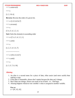 PYTHON PROGRAMMING
87
>>> x.remove(4)
>>> x
[1, 2, 10, 6]
Reverse: Reverse the order of a given list.
>>> x=[1,2,3,4,5,6,7]
>>> x.reverse()
>>> x
[7, 6, 5, 4, 3, 2, 1]
Sort: Sorts the elements in ascending order
>>> x=[7, 6, 5, 4, 3, 2, 1]
>>> x.sort()
>>> x
[1, 2, 3, 4, 5, 6, 7]
-----------------------
>>> x=[10,1,5,3,8,7]
>>> x.sort()
>>> x
[1, 3, 5, 7, 8, 10]
Aliasing:
1. An alias is a second name for a piece of data, often easier (and more useful) than
making a copy.
2. If the data is immutable, aliases don’t matter because the data can’t change.
3. But if data can change, aliases can result in lot of hard – to – find bugs.
4. Aliasing happens whenever one variable’s value is assigned to another variable.
For ex:
a = [81, 82, 83]
MCA I YEAR/II SEM AVNT
 