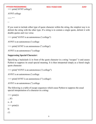PYTHON PROGRAMMING
9
>>> " "
' '
If you want to include either type of quote character within the string, the simplest way is to
delimit the string with the other type. If a string is to contain a single quote, delimit it with
double quotes and vice versa:
Suppressing Special Character:
Specifying a backslash () in front of the quote character in a string “escapes” it and causes
Python to suppress its usual special meaning. It is then interpreted simply as a literal single
quote character:
The following is a table of escape sequences which cause Python to suppress the usual
special interpretation of a character in a string:
>>> print('a
....b')
a....b
>>> print('a
b
c')
MCA I YEAR/II SEM AVNT
>>> print('AVNT college')
AVNT college
>>> print("AVNT is an autonomous (') college")
AVNT is an autonomous (') college
>>> print('AVNT is an autonomous (") college')
AVNT is an autonomous (") college
>>> print("AVNT is an autonomous (') college")
AVNT is an autonomous (') college
>>> print('AVNT is an autonomous (") college')
AVNT is an autonomous (") college
 