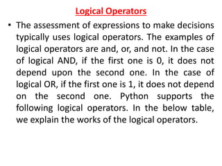 Logical Operators
• The assessment of expressions to make decisions
typically uses logical operators. The examples of
logical operators are and, or, and not. In the case
of logical AND, if the first one is 0, it does not
depend upon the second one. In the case of
logical OR, if the first one is 1, it does not depend
on the second one. Python supports the
following logical operators. In the below table,
we explain the works of the logical operators.
 