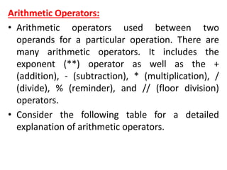Arithmetic Operators:
• Arithmetic operators used between two
operands for a particular operation. There are
many arithmetic operators. It includes the
exponent (**) operator as well as the +
(addition), - (subtraction), * (multiplication), /
(divide), % (reminder), and // (floor division)
operators.
• Consider the following table for a detailed
explanation of arithmetic operators.
 