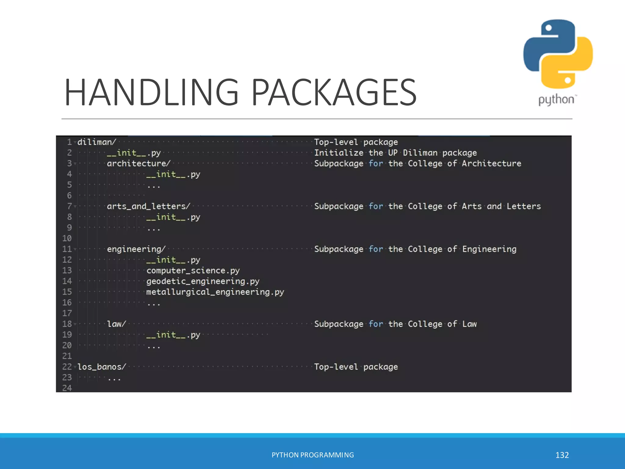 HANDLING PACKAGES
PYTHON PROGRAMMING 132
 