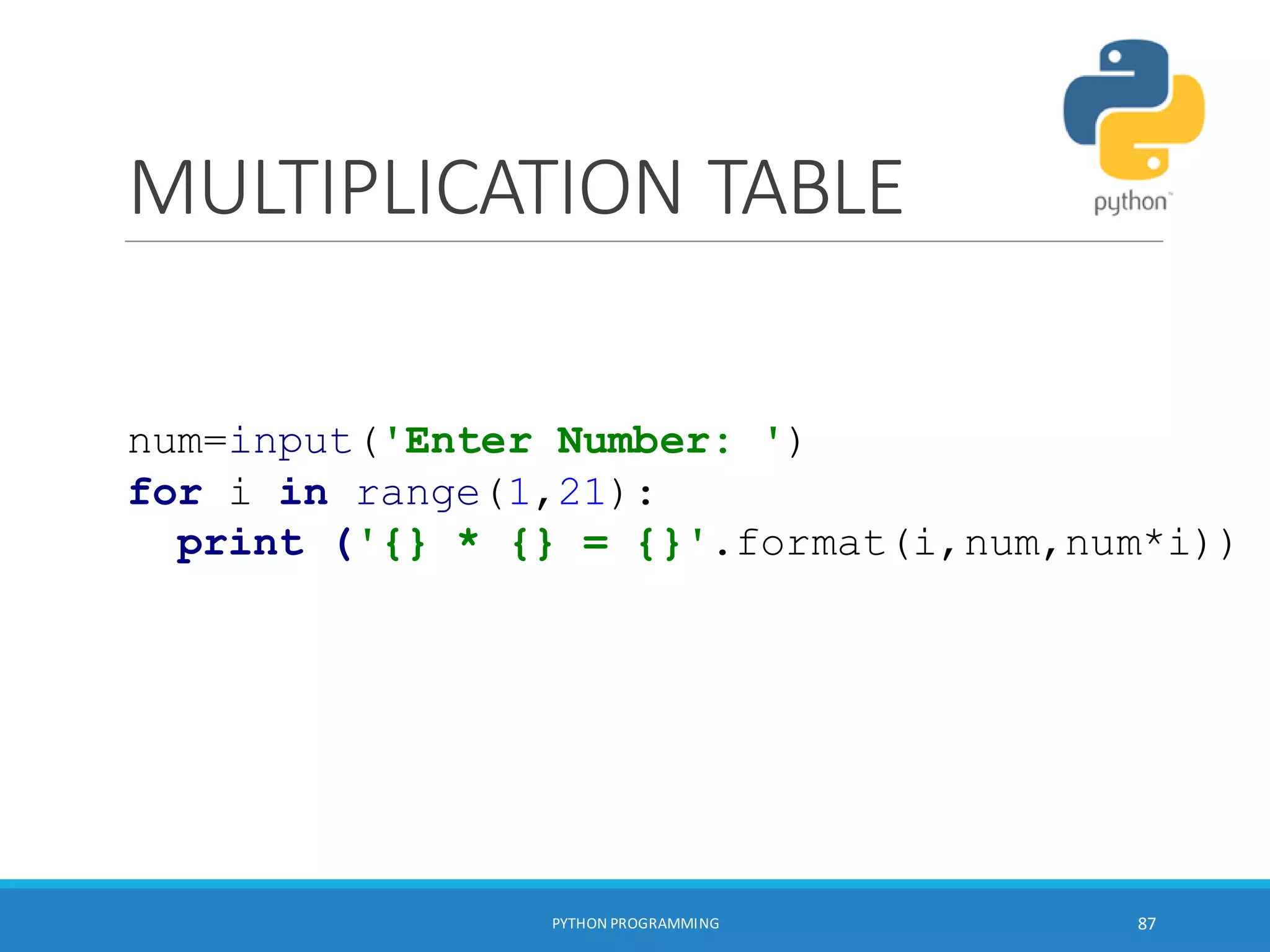 MULTIPLICATION TABLE
PYTHON PROGRAMMING 87
num=input('Enter Number: ')
for i in range(1,21):
print ('{} * {} = {}'.format(i,num,num*i))
 