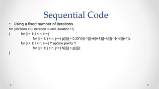 Sequential Code
• Using a fixed number of iterations
for (iteration = 0; iteration < limit; iteration++)
{ for (i = 1; i < n; i++)
for (j = 1; j < n; j++) g[i][j] = 0.25*(h[i-1][j]+h[i+1][j]+h[i][j-1]+h[i][j+1]);
for (i = 1; i < n; i++) /* update points */
for (j = 1; j < n; j++) h[i][j] = g[i][j];
}
 