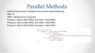 Parallel Methods
Split the fixed amount of iterations into process using Partitioning.
Start =0
RNG = iterations/num of process
Process 1: Start to Start+RNG, then Start = Start+RNG
Process 2: Start to Start+RNG, then Start = Start+RNG
Process 3: Start to Start+RNG, then Start = Start+RNG
.
.
.
 