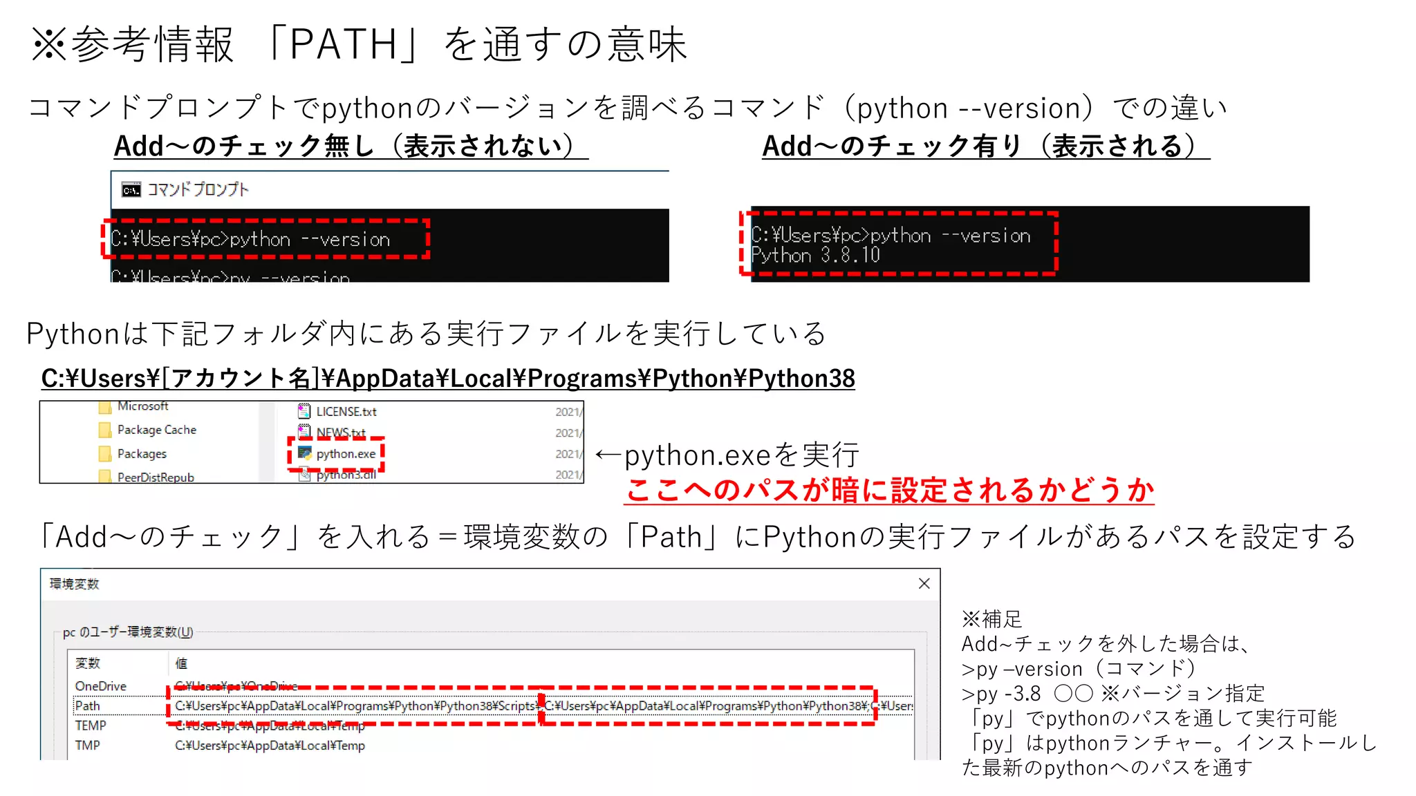 ※参考情報 「PATH」を通すの意味
Add～のチェック無し（表示されない） Add～のチェック有り（表示される）
コマンドプロンプトでpythonのバージョンを調べるコマンド（python --version）での違い
C:¥Users¥[アカウント名]¥AppData¥Local¥Programs¥Python¥Python38
←python.exeを実行
ここへのパスが暗に設定されるかどうか
※補足
Add~チェックを外した場合は、
>py –version（コマンド）
>py -3.8 ○○ ※バージョン指定
「py」でpythonのパスを通して実行可能
「py」はpythonランチャー。インストールし
た最新のpythonへのパスを通す
Pythonは下記フォルダ内にある実行ファイルを実行している
「Add～のチェック」を入れる＝環境変数の「Path」にPythonの実行ファイルがあるパスを設定する
 
