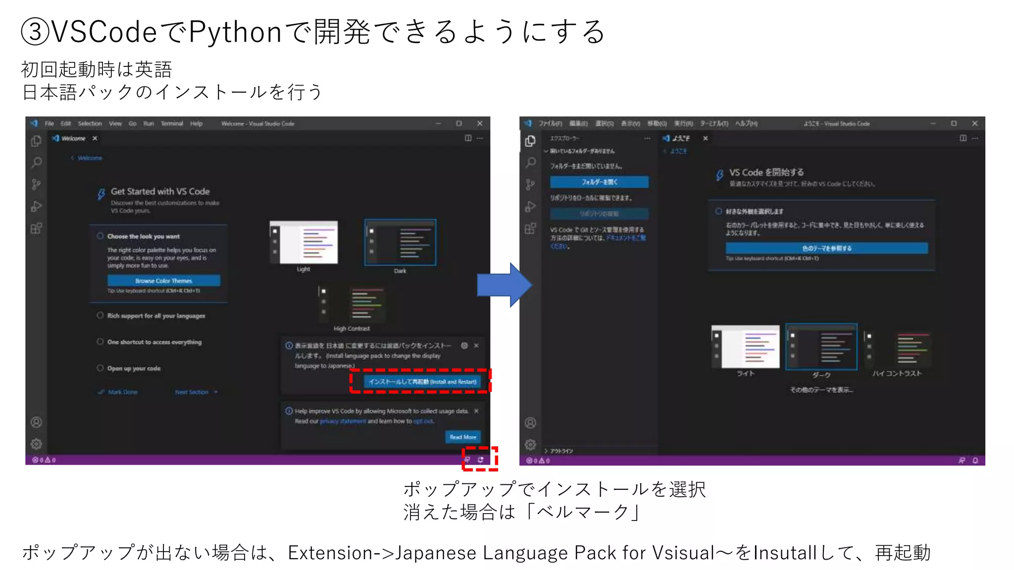 ③VSCodeでPythonで開発できるようにする
初回起動時は英語
日本語パックのインストールを行う
ポップアップでインストールを選択
消えた場合は「ベルマーク」
ポップアップが出ない場合は、Extension->Japanese Language Pack for Vsisual～をInsutallして、再起動
 