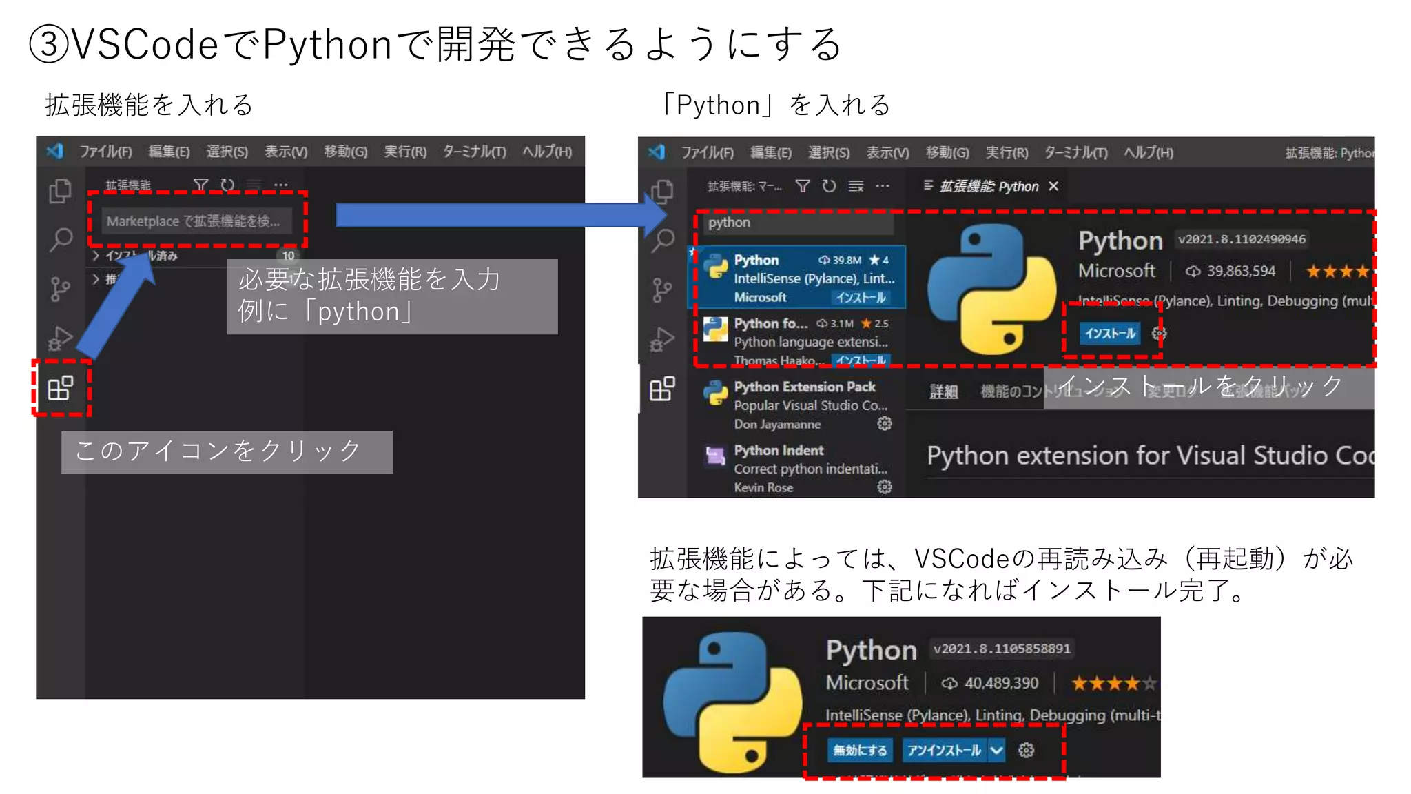 拡張機能を入れる
このアイコンをクリック
必要な拡張機能を入力
例に「python」
インストールをクリック
拡張機能によっては、VSCodeの再読み込み（再起動）が必
要な場合がある。下記になればインストール完了。
③VSCodeでPythonで開発できるようにする
「Python」を入れる
 