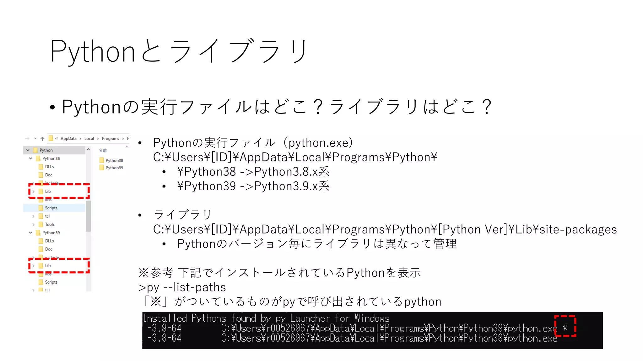 Pythonとライブラリ
• Pythonの実行ファイルはどこ？ライブラリはどこ？
• Pythonの実行ファイル（python.exe)
C:Users[ID]AppDataLocalProgramsPython
• Python38 ->Python3.8.x系
• Python39 ->Python3.9.x系
• ライブラリ
C:Users[ID]AppDataLocalProgramsPython[Python Ver]Libsite-packages
• Pythonのバージョン毎にライブラリは異なって管理
※参考 下記でインストールされているPythonを表示
>py --list-paths
「※」がついているものがpyで呼び出されているpython
 
