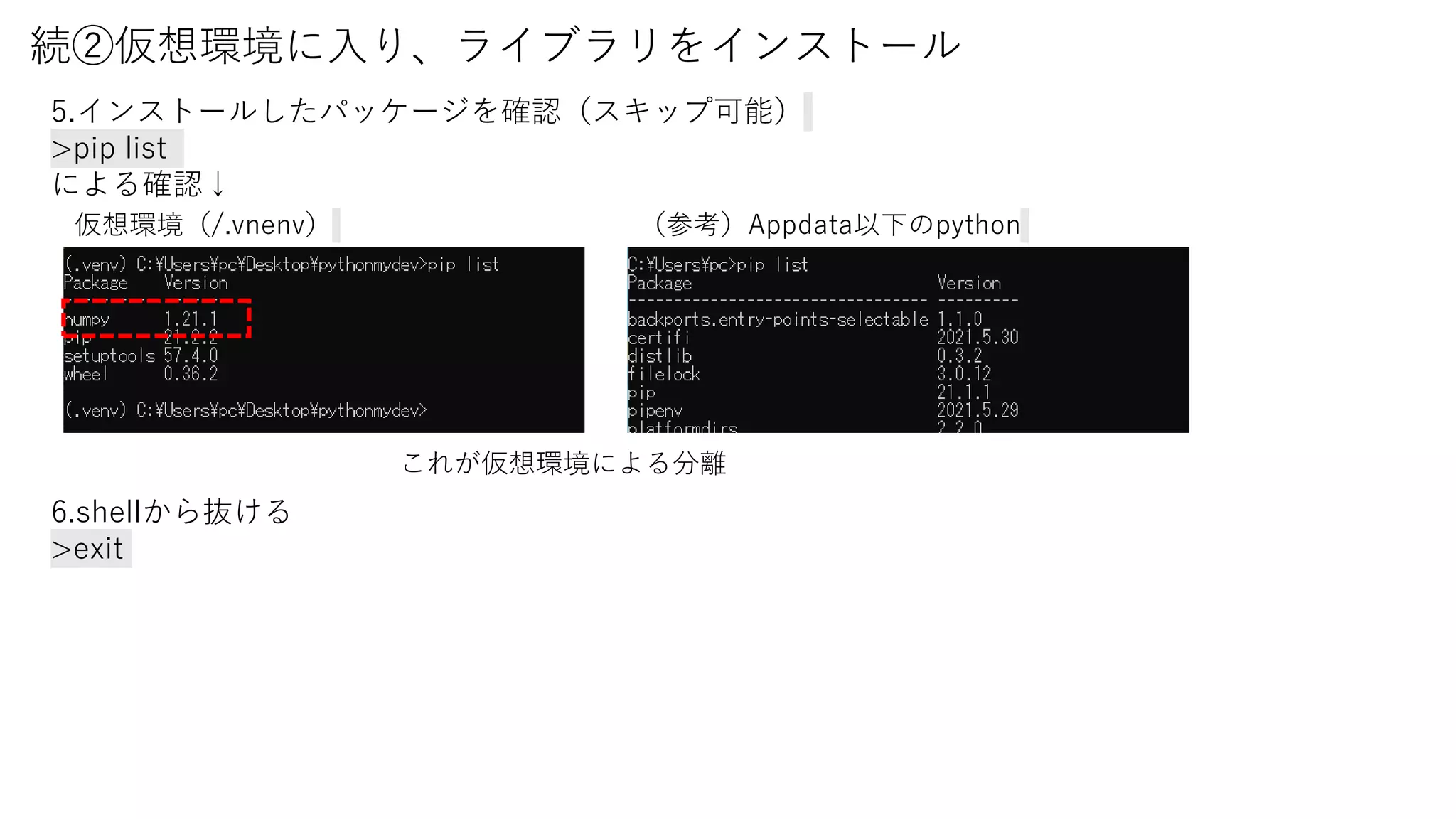 続②仮想環境に入り、ライブラリをインストール
5.インストールしたパッケージを確認（スキップ可能）
>pip list
による確認↓
6.shellから抜ける
>exit
仮想環境（/.vnenv） （参考）Appdata以下のpython
これが仮想環境による分離
 