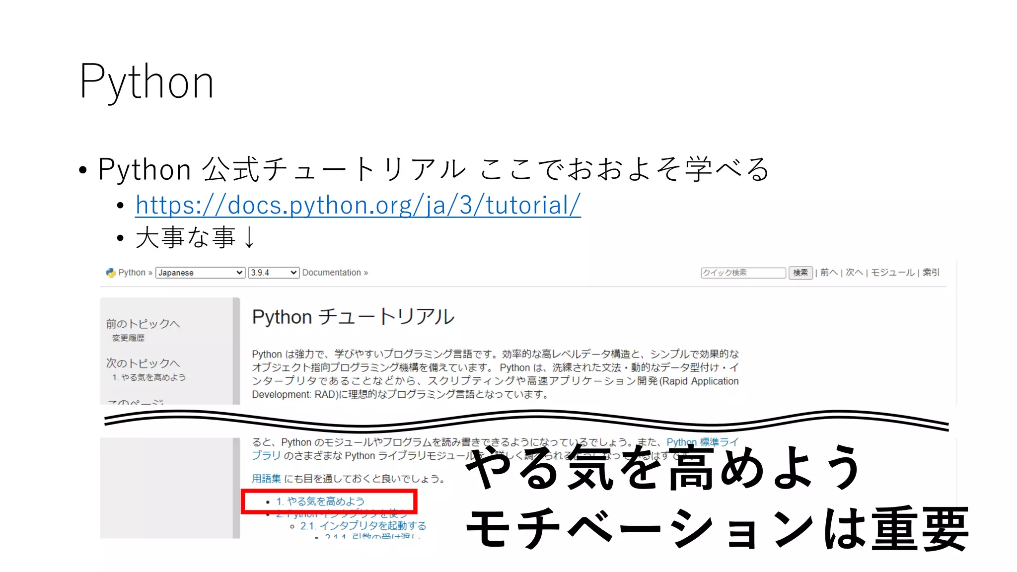 Python
• Python 公式チュートリアル ここでおおよそ学べる
• https://docs.python.org/ja/3/tutorial/
• 大事な事↓
やる気を高めよう
モチベーションは重要
 