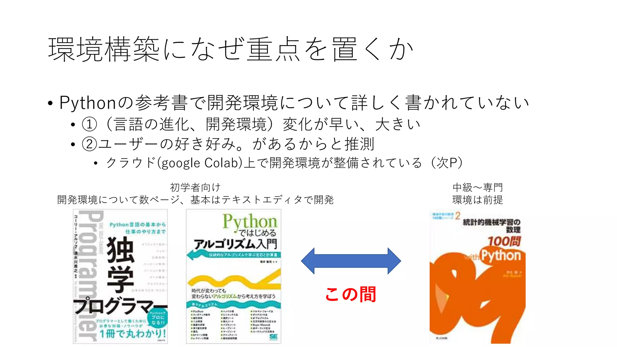 環境構築になぜ重点を置くか
• Pythonの参考書で開発環境について詳しく書かれていない
• ①（言語の進化、開発環境）変化が早い、大きい
• ②ユーザーの好き好み。があるからと推測
• クラウド(google Colab)上で開発環境が整備されている（次P）
初学者向け
開発環境について数ページ、基本はテキストエディタで開発
中級～専門
環境は前提
この間
 
