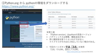 ①Python.org から pythonの環境をダウンロードする
https://www.python.org/
※寄り道
• 「Python version」はpythonの言語バージョン
• バグフィックスは頻繁、機能追加が多い
• 常に最新版を使うとよいわけではない、
ライブラリがそのverに対応していない場合がある。
• 今回のハンズオンでは「3.8」を使用
「3.9」でもOK。混在してもOK。
https://www.python.org/ (accessed 2021/8/5)
 