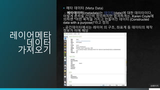 레이어메타
데이터
가져오기
 메타 데이터 (Meta Data)
- 메타데이터(metadata)는 데이터(data)에 대한 데이터이다.
이렇게 흔히들 간단히 정의하지만 엄격하게는, Karen Coyle에
의하면 "어떤 목적을 가지고 만들어진 데이터 (Constructed
data with a purpose)"라고 정의
- 공간데이터에서는 레이어 의 구조, 좌표계 등 데이터의 제작
정보가 이에 해당
39페이지
 