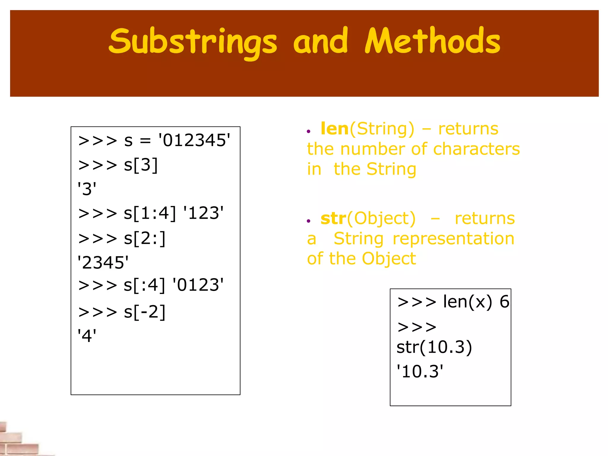 Substrings and Methods
>>> s = '012345'
>>> s[3]
'3'
>>> s[1:4] '123'
>>> s[2:]
'2345'
>>> s[:4] '0123'
>>> s[-2]
'4'
• len(String) – returns
the number of characters
in the String
• str(Object) – returns
a String representation
of the Object
>>> len(x) 6
>>>
str(10.3)
'10.3'
 