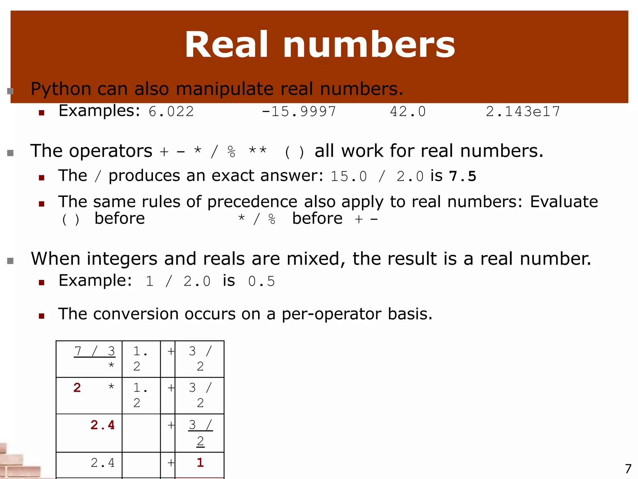 Real numbers
7
 Python can also manipulate real numbers.
 Examples: 6.022 -15.9997 42.0 2.143e17
 The operators + - * / % ** ( ) all work for real numbers.
 The / produces an exact answer: 15.0 / 2.0 is 7.5
 The same rules of precedence also apply to real numbers: Evaluate
( ) before * / % before + -
 When integers and reals are mixed, the result is a real number.
 Example: 1 / 2.0 is 0.5
 The conversion occurs on a per-operator basis.
7 / 3
*
1.
2
+ 3 /
2
2 * 1.
2
+ 3 /
2
2.4 + 3 /
2
2.4 + 1
 