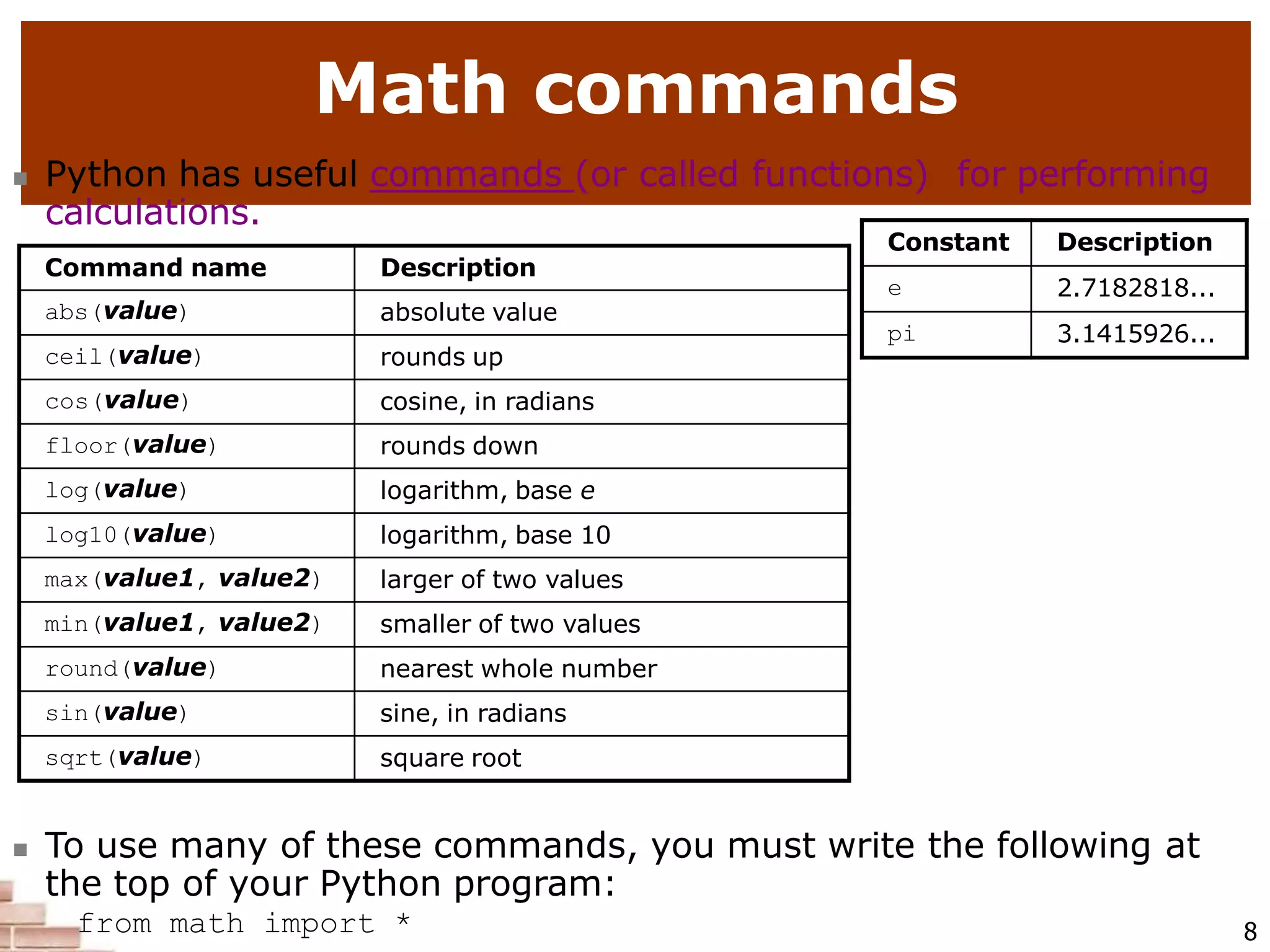 8
Math commands
 Python has useful commands (or called functions) for performing
calculations.
 To use many of these commands, you must write the following at
the top of your Python program:
from math import *
Command name Description
abs(value) absolute value
ceil(value) rounds up
cos(value) cosine, in radians
floor(value) rounds down
log(value) logarithm, base e
log10(value) logarithm, base 10
max(value1, value2) larger of two values
min(value1, value2) smaller of two values
round(value) nearest whole number
sin(value) sine, in radians
sqrt(value) square root
Constant Description
e 2.7182818...
pi 3.1415926...
 