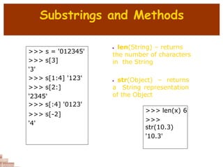 Substrings and Methods
>>> s = '012345'
>>> s[3]
'3'
>>> s[1:4] '123'
>>> s[2:]
'2345'
>>> s[:4] '0123'
>>> s[-2]
'4'
• len(String) – returns
the number of characters
in the String
• str(Object) – returns
a String representation
of the Object
>>> len(x) 6
>>>
str(10.3)
'10.3'
 