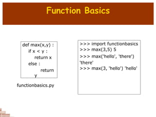 Function Basics
def max(x,y) :
if x < y :
return x
else :
return
y
>>> import functionbasics
>>> max(3,5) 5
>>> max('hello', 'there')
'there'
>>> max(3, 'hello') 'hello'
functionbasics.py
 