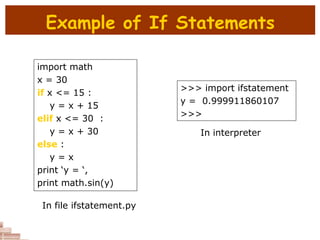 Example of If Statements
import math
x = 30
if x <= 15 :
y = x + 15
elif x <= 30 :
y = x + 30
else :
y = x
print ‘y = ‘,
print math.sin(y)
In file ifstatement.py
>>> import ifstatement
y = 0.999911860107
>>>
In interpreter
 