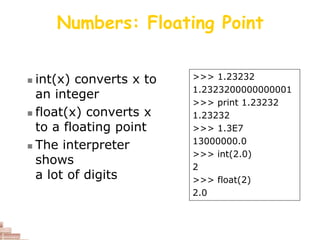 Numbers: Floating Point
 int(x) converts x to
an integer
 float(x) converts x
to a floating point
 The interpreter
shows
a lot of digits
>>> 1.23232
1.2323200000000001
>>> print 1.23232
1.23232
>>> 1.3E7
13000000.0
>>> int(2.0)
2
>>> float(2)
2.0
 