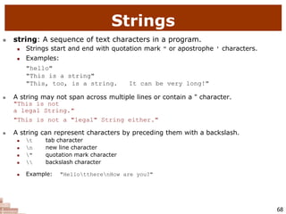 68
 string: A sequence of text characters in a program.
 Strings start and end with quotation mark " or apostrophe ' characters.
 Examples:
"hello"
"This is a string"
"This, too, is a string. It can be very long!"
 A string may not span across multiple lines or contain a " character.
"This is not
a legal String."
"This is not a "legal" String either."
 A string can represent characters by preceding them with a backslash.
 t tab character
 n new line character
 " quotation mark character
  backslash character
 Example: "HellottherenHow are you?"
Strings
 