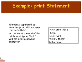 Example: print Statement
>>> print 'hello'
hello
>>> print
'hello', 'there'
hello there
•
Elements separated by
commas print with a space
between them
•
A comma at the end of the
statement (print ‘hello’,)
will not print a newline
character
 