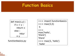 Function Basics
def max(x,y) :
if x < y :
return x
else :
retur
n y
>>> import functionbasics
>>> max(3,5)
5
>>>
max('hello',
'there')
'there'
>>> max(3, 'hello')
'hello'
functionbasics.py
 