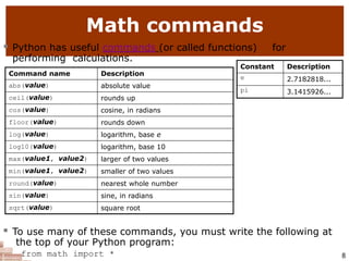 8
Math commands
 Python has useful commands (or called functions) for
performing calculations.
 To use many of these commands, you must write the following at
the top of your Python program:
from math import *
Command name Description
abs(value) absolute value
ceil(value) rounds up
cos(value) cosine, in radians
floor(value) rounds down
log(value) logarithm, base e
log10(value) logarithm, base 10
max(value1, value2) larger of two values
min(value1, value2) smaller of two values
round(value) nearest whole number
sin(value) sine, in radians
sqrt(value) square root
Constant Description
e 2.7182818...
pi 3.1415926...
 