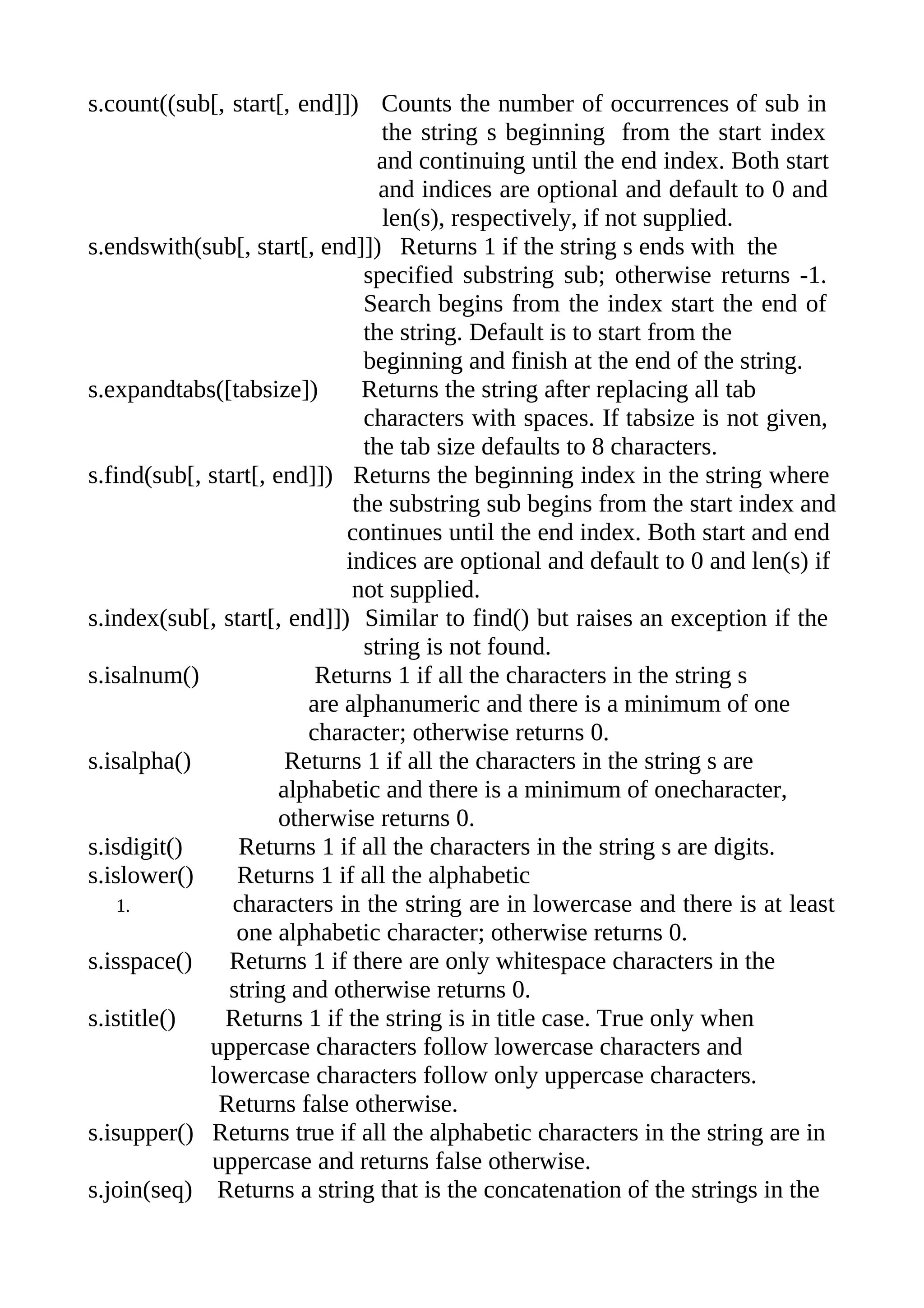 s.count((sub[, start[, end]]) Counts the number of occurrences of sub in
                                 the string s beginning from the start index
                                 and continuing until the end index. Both start
                                 and indices are optional and default to 0 and
                                 len(s), respectively, if not supplied.
s.endswith(sub[, start[, end]]) Returns 1 if the string s ends with the
                               specified substring sub; otherwise returns -1.
                               Search begins from the index start the end of
                               the string. Default is to start from the
                               beginning and finish at the end of the string.
s.expandtabs([tabsize])        Returns the string after replacing all tab
                               characters with spaces. If tabsize is not given,
                               the tab size defaults to 8 characters.
s.find(sub[, start[, end]]) Returns the beginning index in the string where
                              the substring sub begins from the start index and
                             continues until the end index. Both start and end
                             indices are optional and default to 0 and len(s) if
                              not supplied.
s.index(sub[, start[, end]]) Similar to find() but raises an exception if the
                               string is not found.
s.isalnum()               Returns 1 if all the characters in the string s
                         are alphanumeric and there is a minimum of one
                         character; otherwise returns 0.
s.isalpha()            Returns 1 if all the characters in the string s are
                      alphabetic and there is a minimum of onecharacter,
                      otherwise returns 0.
s.isdigit()      Returns 1 if all the characters in the string s are digits.
s.islower()     Returns 1 if all the alphabetic
    1.          characters in the string are in lowercase and there is at least
                one alphabetic character; otherwise returns 0.
s.isspace() Returns 1 if there are only whitespace characters in the
               string and otherwise returns 0.
s.istitle()    Returns 1 if the string is in title case. True only when
             uppercase characters follow lowercase characters and
             lowercase characters follow only uppercase characters.
              Returns false otherwise.
s.isupper() Returns true if all the alphabetic characters in the string are in
             uppercase and returns false otherwise.
s.join(seq) Returns a string that is the concatenation of the strings in the
 