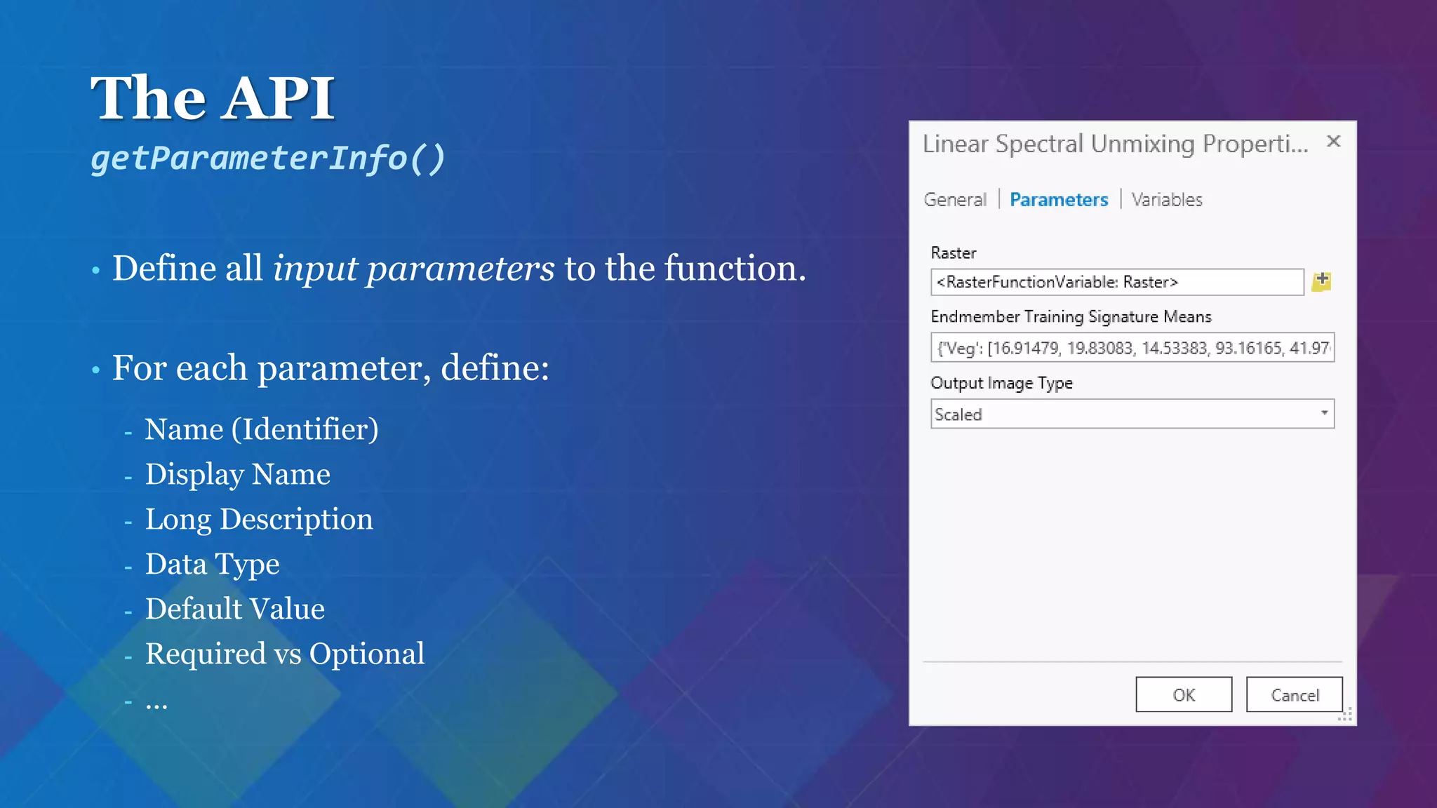 The API
• Define all input parameters to the function.
• For each parameter, define:
- Name (Identifier)
- Display Name
- Long Description
- Data Type
- Default Value
- Required vs Optional
- …
getParameterInfo()
 