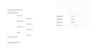 # program to find a^b
def power(a,b):
if b==0:
return 1
elif a==0:
return 0
elif b==1:
return a
else:
return
a*power(a,b-1)
print(power(2,4))
 