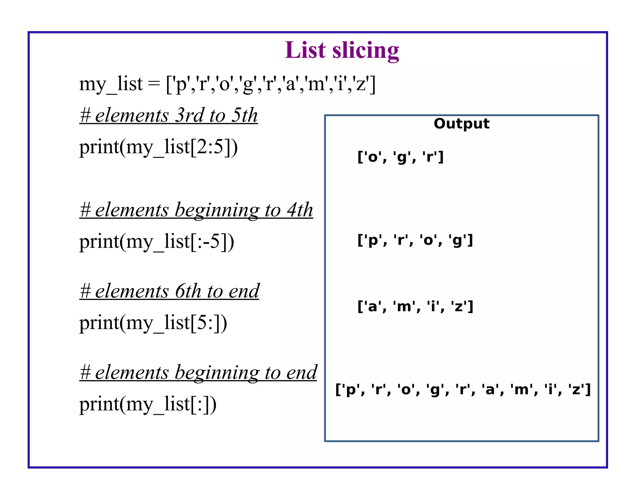 List slicing
my_list = ['p','r','o','g','r','a','m','i','z']
# elements 3rd to 5th
print(my_list[2:5])
# elements beginning to 4th
print(my_list[:-5])
# elements 6th to end
print(my_list[5:])
# elements beginning to end
print(my_list[:])
Output
['o', 'g', 'r']
['p', 'r', 'o', 'g']
['a', 'm', 'i', 'z']
['p', 'r', 'o', 'g', 'r', 'a', 'm', 'i', 'z']
 