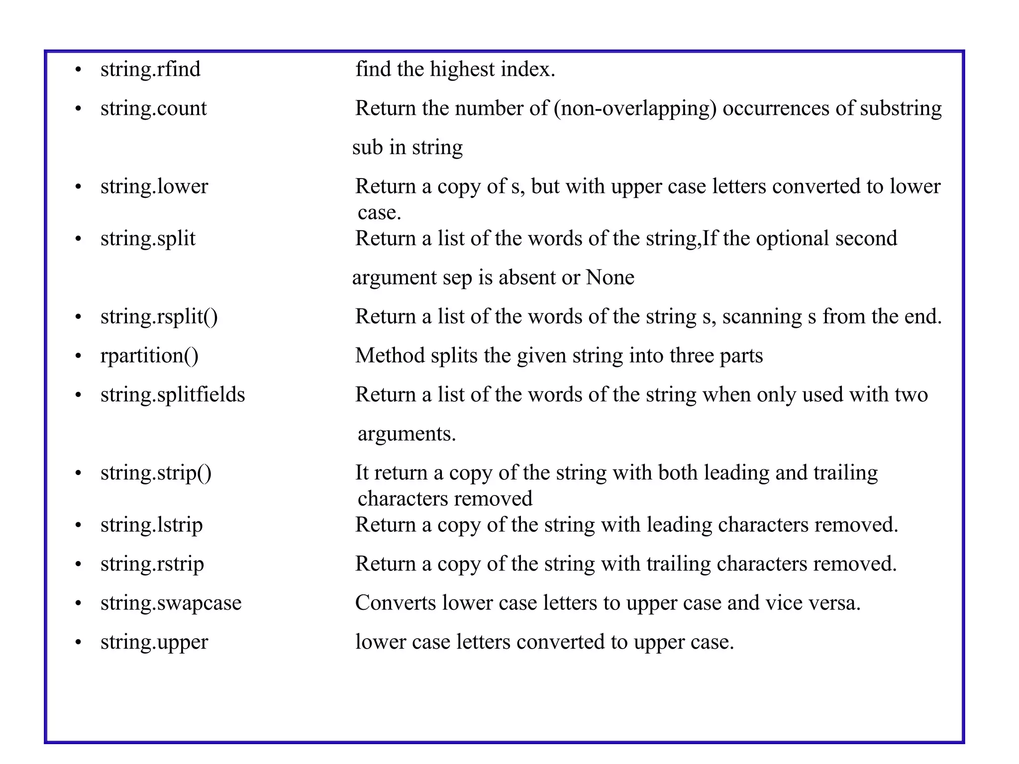 • string.rfind find the highest index.
• string.count Return the number of (non-overlapping) occurrences of substring
sub in string
• string.lower Return a copy of s, but with upper case letters converted to lower
case.
• string.split Return a list of the words of the string,If the optional second
argument sep is absent or None
• string.rsplit() Return a list of the words of the string s, scanning s from the end.
• rpartition() Method splits the given string into three parts
• string.splitfields Return a list of the words of the string when only used with two
arguments.
• string.strip() It return a copy of the string with both leading and trailing
characters removed
• string.lstrip Return a copy of the string with leading characters removed.
• string.rstrip Return a copy of the string with trailing characters removed.
• string.swapcase Converts lower case letters to upper case and vice versa.
• string.upper lower case letters converted to upper case.
 