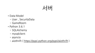클라이언트
•Intro Scene
• Register, Login
•Lobby Scene
• CreateGameRoom, JoinGameRoom, RandomJoin
•Game Scene
• Put, Exit, GameOver, Sync
 