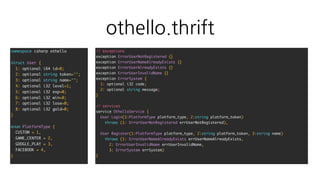 othello.thrift
namespace csharp othello
struct User {
1: optional i64 id=0;
2: optional string token="";
3: optional string name="";
4: optional i32 level=1;
5: optional i32 exp=0;
6: optional i32 win=0;
7: optional i32 lose=0;
8: optional i32 gold=0;
}
enum PlatformType {
CUSTOM = 1,
GAME_CENTER = 2,
GOOGLE_PLAY = 3,
FACEBOOK = 4,
}
// exceptions
exception ErrorUserNotRegistered {}
exception ErrorUserNameAlreadyExists {}
exception ErrorUserAlreadyExists {}
exception ErrorUserInvalidName {}
exception ErrorSystem {
1: optional i32 code;
2: optional string message;
}
// services
service OthelloService {
User Login(1:PlatformType platform_type, 2:string platform_token)
throws (1: ErrorUserNotRegistered errUserNotRegistered),
User Register(1:PlatformType platform_type, 2:string platform_token, 3:string name)
throws (1: ErrorUserNameAlreadyExists errUserNameAlreadyExists,
2: ErrorUserInvalidName errUserInvalidName,
3: ErrorSystem errSystem)
}
 