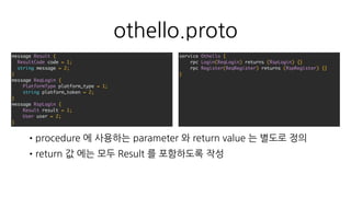 othello.proto
•procedure 에 사용하는 parameter 와 return value 는 별도로 정의
•return 값 에는 모두 Result 를 포함하도록 작성
message Result {
ResultCode code = 1;
string message = 2;
}
message ReqLogin {
PlatformType platform_type = 1;
string platform_token = 2;
}
message RspLogin {
Result result = 1;
User user = 2;
}
service Othello {
rpc Login(ReqLogin) returns (RspLogin) {}
rpc Register(ReqRegister) returns (RspRegister) {}
}
 