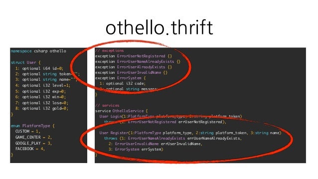 othello.thrift
namespace csharp othello
struct User {
1: optional i64 id=0;
2: optional string token="";
3: optional strin...