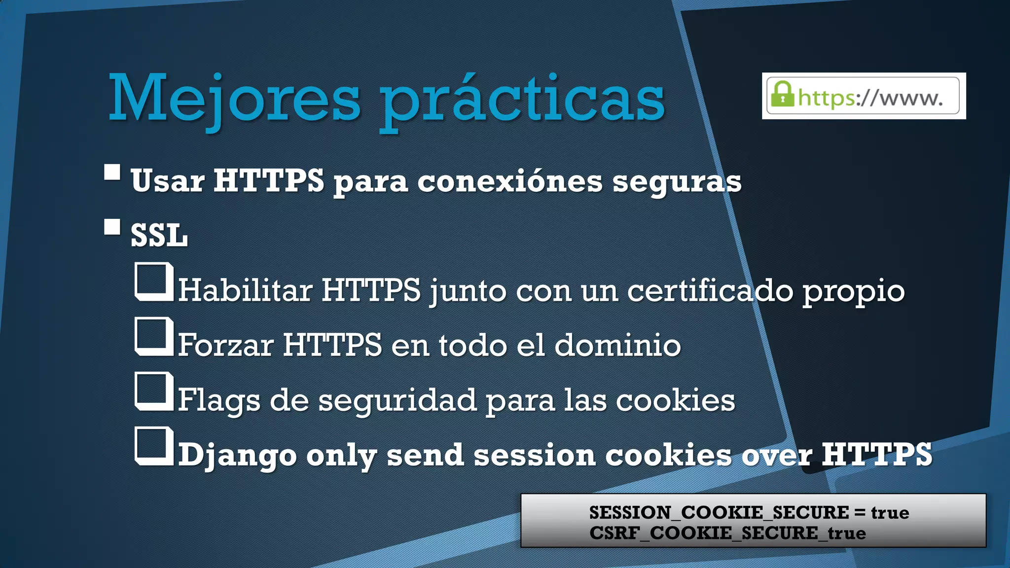 Mejores prácticas
Usar HTTPS para conexiónes seguras
SSL
Habilitar HTTPS junto con un certificado propio
Forzar HTTPS en todo el dominio
Flags de seguridad para las cookies
Django only send session cookies over HTTPS
SESSION_COOKIE_SECURE = true
CSRF_COOKIE_SECURE_true
 