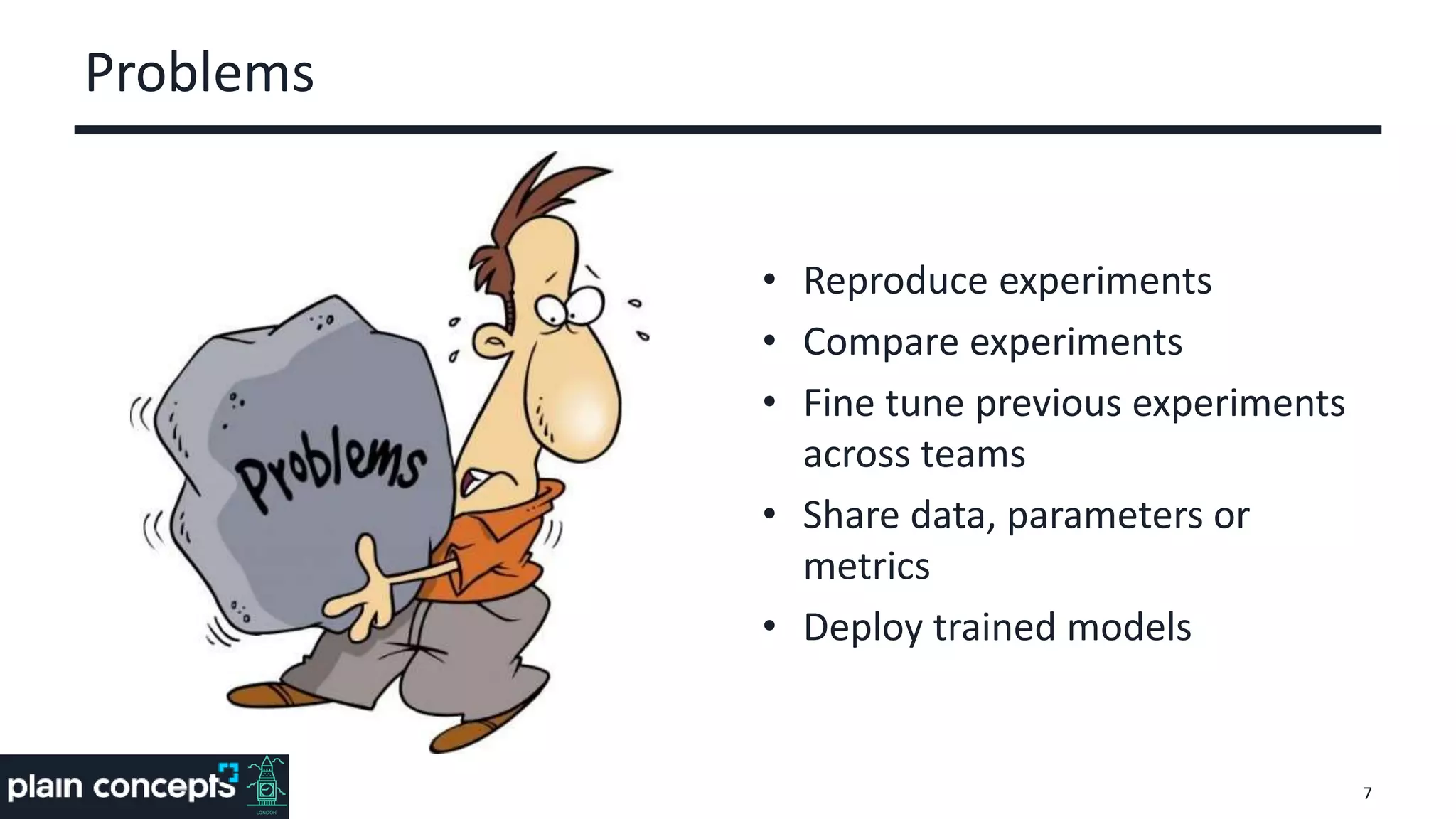 Problems
• Reproduce experiments
• Compare experiments
• Fine tune previous experiments
across teams
• Share data, parameters or
metrics
• Deploy trained models
7
 
